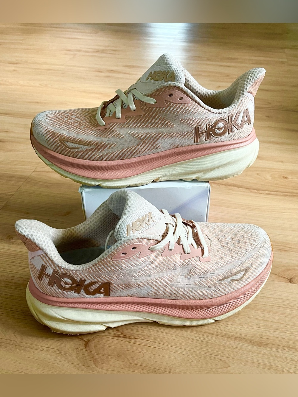 Hoka Women's Athletic Running Shoes in Blush Pink and Cream